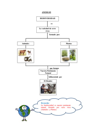 ANEXO 03
BIODIVERSIDAD
La variedad de seres
vivos
es
formado por:
Animales Plantas
que forman
Nuestro Patrimonio
Natural
Influenciado por
El Hombre
Recuerda:
La biodiversidad es nuestro patrimonio
natural, formado por seres vivos
(Animales y Plantas)
 