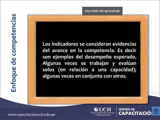 Los indicadores se consideran evidencias
del avance en la competencia. Es decir
son ejemplos del desempeño esperado.
Algunas veces se trabajan y evalúan
solos (en relación a una capacidad);
algunas veces en conjunto con otros.
Enfoquedecompetencias
Una visión del aprendizaje
 