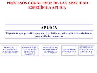 APLICA
Capacidad que permite la puesta en práctica de principios o conocimientos
en actividades concretas
PROCESOS COGNITIVOS DE LA CAPACIDAD
ESPECÍFICA APLICA
BUSQUEDA Y
RECEPCION DE
LA INFORMACIÓN
IDENTIFICACIÓN
DEL PROCESO,
PRINCIPIO O
CONCEPTO
SECUENCIACIÓN
DE PROCESOS Y
ESTRATEGIAS
EJECUCIÓN DE
LOS PROCESOS
REFLEXIÓN DE
LOS PROCESOS
EJECUTADOS
 