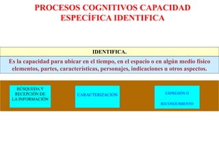 IDENTIFICA.
BÚSQUEDA Y
RECEPCIÓN DE
LA INFORMACIÓN
CARACTERIZACIÓN EXPRESIÓN O
RECONOCIMIENTO
Es la capacidad para ubicar en el tiempo, en el espacio o en algún medio físico
elementos, partes, características, personajes, indicaciones u otros aspectos.
PROCESOS COGNITIVOS CAPACIDAD
ESPECÍFICA IDENTIFICA
 