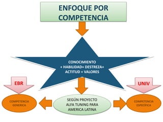 ENFOQUE POR
COMPETENCIA
CONOCIMIENTO
+ HABILIDAD+ DESTREZA+
ACTITUD + VALORES
SEGÚN PROYECTO
ALFA TUNING PARA
AMERICA LATINA
COMPETENCIA
GENERICA
COMPETENCIA
ESPECÍFICA
EBR UNIV
 