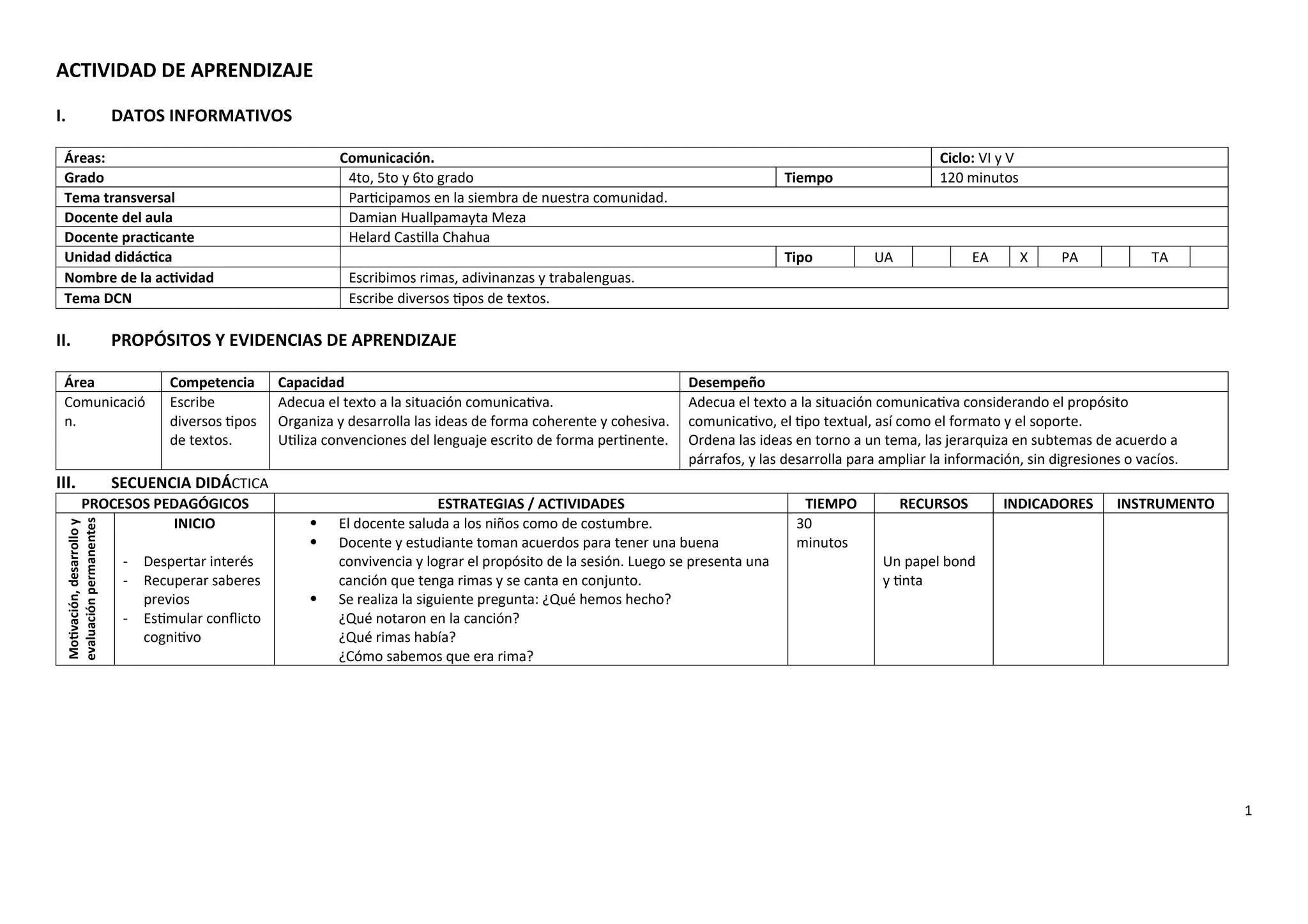 Sesion de aprendizaje de Comunicación... Escribimos rimas, adivinanzas ...