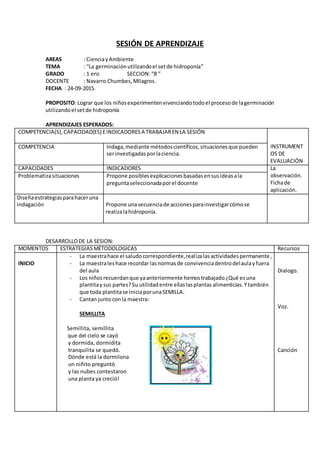 SESIÓN DE APRENDIZAJE
AREAS : CienciayAmbiente
TEMA : “La germinaciónutilizandoel setde hidroponía”
GRADO : 1 ero SECCION:“B ”
DOCENTE : Navarro Chumbes,Milagros.
FECHA : 24-09-2015.
PROPOSITO: Lograr que los niñosexperimentenvivenciandotodoel procesode lagerminación
utilizandoel setde hidroponía
APRENDIZAJES ESPERADOS:
COMPETENCIA(S),CAPACIDAD(ES) EINDICADORESA TRABAJAREN LA SESIÓN
INSTRUMENT
OS DE
EVALUACIÓN
COMPETENCIA Indaga,mediante métodoscientíficos,situacionesque pueden
serinvestigadasporlaciencia.
CAPACIDADES INDICADORES La
observación.
Fichade
aplicación.
Problematizasituaciones Propone posiblesexplicacionesbasadasensusideasala
preguntaseleccionadaporel docente
Diseñaestrategiasparahaceruna
indagación Propone unasecuenciade accionesparainvestigarcómose
realizalahidroponía.
DESARROLLODE LA SESION:
MOMENTOS ESTRATEGIASMETODOLOGICAS Recursos
INICIO
- La maestrahace el saludocorrespondiente,realizalasactividadespermanente,
- La maestraleshace recordar lasnormasde convivenciadentrodelaulayfuera
del aula
- Los niñosrecuerdanque yaanteriormente hemostrabajado¿Qué esuna
plantitaysus partes?Su utilidadentre ellaslasplantas alimenticias.Ytambién
que toda plantitase iniciaporunaSEMILLA.
- Cantan juntoconla maestra:
SEMILLITA
Semillita, semillita
que del cielo se cayó
y dormida, dormidita
tranquilita se quedó.
Dónde está la dormilona
un niñito preguntó
y las nubes contestaron
una planta ya creció!
Dialogo.
Voz.
Canción
 