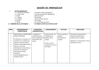 SESIÓN DE APRENDIZAJE
I. DATOS GENERALES
1.1. Institución Educativa : Nº 43033 “Virgen del Rosario””
1.2. Lugar /aula : Aula de Innovaciones Pedagógicas
1.3. Área : Personal Social
1.4 Tiempo : 80 minutos
1.5. Profesor : Yanet Corrales Herrera
1.6 Grado : 5to. Grado
1.7 Fecha : Ilo 12 de Marzo del 2014
Ii . NOMBRE DE LA ACTIVIDAD : " LA TIERRA ES PARTE DEL SISTEMA SOLAR"
ÁREA ORGANIZADOR Y
COMPETENCIA
CAPACIDAD
DIVERSIFICADA
CONOCIMIENTO ACTITUD INDICADOR
P
E
R
S
O
N
A
L
S
O
C
I
A
L
ORIENTACIÓN Y COMPRENSIÓN
ESPACIO TEMPORAL
Se identifica en el espacio y en
el tiempo con su medio local,
regional y nacional; valora y
preserva la diversidad natural y
cultural; y construye
reflexivamente conocimientos
acerca de las relaciones e
interacciones sociales,
culturales e
histórico-geográficas de la
realidad nacional
 Comprende la 
constitución de la 
tierra e identifica los 
movimientos que 
realiza
El Sistema Solar: Sol,
los Planetas, los
Satélites, Otros
cuerpos
La Tierra : forma,
movimientos, la Luna,
los Eclipses
Cuida su planeta y
propone
alternativas de
cuidado
Reconoce la composición del
Sistema Planetario Solar y
confecciona una maqueta
Identifica los movimientos, forma y
satélites de la Tierra
 