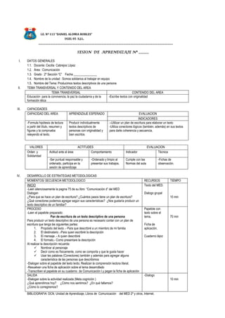 I.E. Nº 113 “DANIEL ALOMIA ROBLES”
UGEL 05 S.J.L.
_______________________________________________________________________________
SESION DE APRENDIZAJE Nº ______
I. DATOS GENERALES
1.1. Docente: Cecilia Cabrejos López
1.2. Área : Comunicación
1.3. Grado : 2º Sección “C” Fecha _______________
1.4. Nombre de la unidad : Somos solidarios al trabajar en equipo
1.5. Nombre del Tema: Producimos textos descriptivos de una persona
II. TEMA TRANSVERSAL Y CONTENIDO DEL AREA
TEMA TRANSVERSAL CONTENIDO DEL AREA
Educación para la convivencia, la paz la ciudadanía y de la
formación ética
-Escribe textos con originalidad
III. CAPACIDADES
CAPACIDAD DEL AREA APRENDIZAJE ESPERADO EVALUACION
INDICADORES
-Formula hipótesis de lectura
a partir del título, resumen y
figuras y la comprueba
releyendo el texto.
Producir individualmente
textos descriptivos de
personas con originalidad y
bien escritos
--Utilizar un plan de escritura para elaborar un texto
-Utiliza conectores lógicos (también, además) en sus textos
para darle coherencia y secuencia.
VALORES ACTITUDES EVALUACION
Orden y
Solidaridad
Actitud ante el área Comportamiento Indicador Técnica
-Ser puntual responsable y
ordenado, participa en la
sesión de aprendizaje
-Ordenado y limpio al
presentar sus trabajos.
Cumple con las
Normas del aula
-Fichas de
observación.
IV. DESARROLLO DE ESTRATEGIAS METODOLOGICAS
MOMENTOS/ SECUENCIA METODOLOGICO RECURSOS TIEMPO
INICIO
-Leen silenciosamente la pagina 75 de su libro “Comunicación d” del MED
Dialogan
¿Para que se hace un plan de escritura? ¿Cuántos pasos tiene un plan de escritura?
¿Qué conectores podemos agregar según sus características? ¿Nos gustaría producir un
texto descriptivo de un familiar?
Texto del MED.
Dialogo grupal
10 min
PROCESO
-Leen el papelote preparado:
Pan de escritura de un texto descriptivo de una persona
Para producir un texto descriptivo de una persona es necesario contar con un plan de
escritura que tenga las siguientes partes:
1. Propósito del texto .- Para que describiré a un miembro de mi familia
2. El destinatario .-Para quien escribiré la descripción
3. El mensaje .- A quien describiré
4. El formato.- Como presentare la descripción
Al realizar la descripción recuerda:
 Nombrar al personaje
 Decir como es físicamente, como se comporta y que le gusta hacer
 Usar las palabras (Conectores) también y además para agregar alguna
característica de las personas que describimos
-Dialogan sobre el papelote del texto leído. Realizan la comprensión lectora literal.
-Resuelven una ficha de aplicación sobre el tema desarrollado
-Transcriben el papelote en su cuaderno de Comunicación l y pegan la ficha de aplicación
Papelote con
texto sobre el
tema.
Ficha de
aplicación.
Cuaderno lápiz
70 min
SALIDA
-Dialogan sobre la actividad realizada (Meta cognición )
¿Qué aprendimos hoy? ¿Cómo nos sentimos? ¿En qué fallamos?
¿Cómo lo corregiremos?
-Dialogo
10 min
BIBLIOGRAFIA: DCN, Unidad de Aprendizaje, Libros de Comunicación del MED 2º y otros, Internet.
 