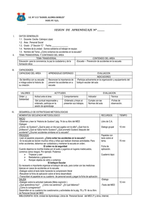 I.E. Nº 113 “DANIEL ALOMIA ROBLES”
UGEL 05 S.J.L.
_______________________________________________________________________________
SESION DE APRENDIZAJE Nº ______
I. DATOS GENERALES
1.1. Docente: Cecilia Cabrejos López
1.2. Área : Personal Social
1.3. Grado : 2º Sección “C” Fecha _______________
1.4. Nombre de la unidad : Somos solidarios al trabajar en equipo
1.5. Nombre del Tema: ¿Cómo evitamos los accidentes en la escuela?
II. TEMA TRANSVERSAL Y CONTENIDO DEL AREA
TEMA TRANSVERSAL CONTENIDO DEL AREA
Educación para la convivencia, la paz la ciudadanía y de la
formación ética
-Escuela – Prevención de accidentes en la escuela
III. CAPACIDADES
CAPACIDAD DEL AREA APRENDIZAJE ESPERADO EVALUACION
INDICADORES
-Se Identifica con su escuela
e indaga sobre la historia de
su creación.
Reconocer la importancia de
prevenir los accidentes en a
escuela
-Participa activamente en la organización y equipamiento del
botiquín escolar del aula
VALORES ACTITUDES EVALUACION
Orden y
Solidaridad
Actitud ante el área Comportamiento Indicador Técnica
-Ser puntual responsable y
ordenado, participa en la
sesión de aprendizaje
-Ordenado y limpio al
presentar sus trabajos.
Cumple con las
Normas del aula
-Fichas de
observación.
IV. DESARROLLO DE ESTRATEGIAS METODOLOGICAS
MOMENTOS/ SECUENCIA METODOLOGICO RECURSOS TIEMPO
INICIO
-Observan y leen la “Historia de Gustavo” pág. 74 de su libro del MED
Dialogan
¿Cómo es Gustavo? ¿Qué le paso un día que jugaba con la silla? ¿Qué hizo la
profesora? ¿Qué se había hecho Gustavo? ¿Qué prometió Gustavo después del
accidente? ¿Ocurren accidentes similares en tu escuela?
Libro de C.A.
Dialogo grupal 10 min
PROCESO
-Leen el papelote preparado: ¿Cómo evitar los accidentes en la escuela?
En la escuela se reúnen muchos niños y niñas que realizan diversas actividades. Para
evitar accidentes, debemos ser cuidadosos y mantener la escuela en orden.
El orden no da seguridad
Cuando dejamos la mochila tiradas por el suelo o jugamos en lugares inadecuados,
corremos varios riesgos. Por ejemplo: Podemos
 Tropezar y caer
 Resbalamos y golpearnos
 Romper objetos de vidrio o cortarnos
El botiquín Escolar
Es necesario e importante organizar el botiquín del aula, para contar con las medicinas
básicas en casos de accidentes en la escuela.
-Dialogan sobre el texto leído haciendo la comprensión literal
-Resuelven la ficha de aplicación sobre el tema desarrollado
-Transcriben el papelote en su cuaderno de personal social y pegan la ficha de aplicación
Papelote con
texto sobre el
tema.
Ficha de
aplicación.
Cuaderno lápiz
70 min
SALIDA
-Dialogan sobre la actividad realizada (Meta cognición )
¿Qué aprendimos hoy? ¿Cómo nos sentimos? ¿En qué fallamos?
¿Cómo lo corregiremos?
Desarrollan en su cuaderno los cuestionarios y actividades de la pág. 76 y 79 de su libro
de Personal Social del MED
-Dialogo
-Texto del MED
10 min
BIBLIOGRAFIA: DCN, Unidad de Aprendizaje, Libros de Personal Social del MED 2º y otros, Internet.
 