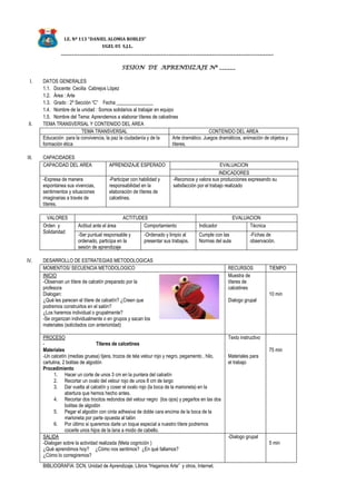I.E. Nº 113 “DANIEL ALOMIA ROBLES”
UGEL 05 S.J.L.
_______________________________________________________________________________
SESION DE APRENDIZAJE Nº ______
I. DATOS GENERALES
1.1. Docente: Cecilia Cabrejos López
1.2. Área : Arte
1.3. Grado : 2º Sección “C” Fecha _______________
1.4. Nombre de la unidad : Somos solidarios al trabajar en equipo
1.5. Nombre del Tema: Aprendemos a elaborar títeres de calcetines
II. TEMA TRANSVERSAL Y CONTENIDO DEL AREA
TEMA TRANSVERSAL CONTENIDO DEL AREA
Educación para la convivencia, la paz la ciudadanía y de la
formación ética
Arte dramático. Juegos dramáticos, animación de objetos y
títeres.
III. CAPACIDADES
CAPACIDAD DEL AREA APRENDIZAJE ESPERADO EVALUACION
INDICADORES
-Expresa de manera
espontanea sus vivencias,
sentimientos y situaciones
imaginarias a través de
títeres.
-Participar con habilidad y
responsabilidad en la
elaboración de títeres de
calcetines.
-Reconoce y valora sus producciones expresando su
satisfacción por el trabajo realizado
VALORES ACTITUDES EVALUACION
Orden y
Solidaridad
Actitud ante el área Comportamiento Indicador Técnica
-Ser puntual responsable y
ordenado, participa en la
sesión de aprendizaje
-Ordenado y limpio al
presentar sus trabajos.
Cumple con las
Normas del aula
-Fichas de
observación.
IV. DESARROLLO DE ESTRATEGIAS METODOLOGICAS
MOMENTOS/ SECUENCIA METODOLOGICO RECURSOS TIEMPO
INICIO
-Observan un títere de calcetín preparado por la
profesora
Dialogan:
¿Qué les parecen el títere de calcetín? ¿Creen que
podremos construirlos en el salón?
¿Los haremos individual o grupalmente?
-Se organizan individualmente o en grupos y sacan los
materiales (solicitados con anterioridad)
Muestra de
títeres de
calcetines
Dialogo grupal
10 min
PROCESO
- Títeres de calcetines
Materiales
-Un calcetín (medias gruesa) tijera, trozos de tela velour rojo y negro, pegamento , hilo,
cartulina, 2 bolitas de algodón
Procedimiento
1. Hacer un corte de unos 3 cm en la puntera del calcetín
2. Recortar un ovalo del velour rojo de unos 8 cm de largo
3. Dar vuelta al calcetín y coser el ovalo rojo (la boca de la marioneta) en la
abertura que hemos hecho antes.
4. Recortar dos trocitos redondos del velour negro (los ojos) y pegarlos en las dos
bolitas de algodón
5. Pegar el algodón con cinta adhesiva de doble cara encima de la boca de la
marioneta por parte opuesta al talón
6. Por último si queremos darle un toque especial a nuestro títere podremos
cocerle unos hijos de la lana a modo de cabello.
Texto instructivo
Materiales para
el trabajo
75 min
SALIDA
-Dialogan sobre la actividad realizada (Meta cognición )
¿Qué aprendimos hoy? ¿Cómo nos sentimos? ¿En qué fallamos?
¿Cómo lo corregiremos?
-Dialogo grupal
5 min
BIBLIOGRAFIA: DCN, Unidad de Aprendizaje, Libros “Hagamos Arte” y otros, Internet.
 
