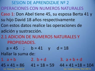 SESION DE APRENDIZAJE Nº 2
OPERACIONES CON NUMEROS NATURALES
Caso 1: Don Abel tiene 45, su esposa Berta 41 y
su hijo David 18 años respectivamente
Con estos datos realice las operaciones de
adición y sustracción.
2.1 ADICION DE NUMEROS NATURALES Y
PROPIEDADES.
a = 45 ; b = 41 y d = 18
Hallar la suma de:
1. a + b 2. b + d 3. a + b + d
45 + 41 = 86 41 + 18 = 59 44 + 41 +18 = 104
Lic. Donato, HILARIO P. Lic. Guillermina, TACURI H.
 