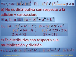 b) No es distributiva con respecto a la
adición y sustracción.
c) Es distributiva con respecto a la
multiplicación y división.
Lic. Donato, HILARIO P. Lic. Guillermina, TACURI H.
 