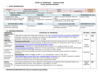 SESIÓN DE APRENDIZAJE (JUNIO DEL 2010)
                                                               TÍTULO: NUESTRA BITÁCORA
    I. DATOS INFORMATIVOS

   DOCENTE                         ROSA VARGAS JIMENEZ                                        GRADO                                              DURACIÓN
      IE                          PEDRO GÁLVEZ EGUSQUIZA                                       ÁREA                          INFORMÁTICA          3 HORAS
    I. LOGRO DE APRENDIZAJES (CONOCIMIENTOS, CAPACIDADES Y ACTITUDES)
           CONOCIMIENTOS                                   CAPACIDAD                                    INDICADORES                   INSTRUMENTO DE EVAl.
- Concepto de los blogs                  -Organiza información relevante sobre los       - Elabora un mapa conceptual sobre los      Lista de cotejo
-Características y usos de los blogs     blogs, clases y formas.                        blogs.
-creación de un blog con blogger         -Identifica las características y aplicaciones - Diseña un cuadro de doble entrada de las
                                         de un blog.                                    características y usos de los blogs.

     ACTITUDES ANTE EL ÁREA                                 VALORES                              Comportamiento observable               INSTRUMENTOS DE EVAl.
Disposición cooperativa,                   Perseverancia.                                Participa con interés en el desarrollo de las   Guía de observación de
democrática y optimista                                                                  actividades propuestas.                         actitudes

    II. SECUENCIA DIDACTICA.
MOMENTOS                                                       ESTRATEGIAS DE APRENDIZAJE                                                    RECURSOS    TIEMPO
PEDAGOGICOS
INICIO               Observarán un video de YouTube sobre paranoia en los blog: http://www.youtube.com/watch?v=-HPI3K4tFKo)                     pc       15m
(motivación,         Responden oralmente a un cuestionario para explorar los saberes previos ¿ Qué se escriben en los diarios
conflicto
cognitivo)           personales ? ¿Por qué? ¿Qué escribirías en un blog?                                                                      Internet
PROCESO              Recepción de información: (se promoverá la investigación de los alumnos en grupos de 2 por pc, desarrollando el                     30 m
(Explicación del     tema planteado para ello los alumnos atienden la explicación del profesor con ayuda de un video “ Qué es un bog”
Tema,
Ejemplificación,     http://www.youtube.com/watch?v=tbTwQvDs2EY&feature=related                                                               Videos
Información)          Caracterización : Elaboraran un mapa conceptual sobre el tema en sus cuadernos luego de visitar                        YouTube
                     http://es.wikipedia.org/wiki/Blog . Exploraran tres blog observando sus características más relevantes ,diferenciando
(Trabajo Grupal      los tipos de cada uno para luego mencionarlo en un cuadro de doble entrada.
aplicación,          El docente refuerza permanentemente el tema en base a preguntas espontáneas para comprobar si se logra el
ejercitación)        aprendizaje.
                                                                                                                                             Cuadernos
                     Reconocimiento: ingresan a blogger ,acceden a una cuenta google y crean un blog básico                                              1h
(Socialización del   https://www.blogger.com/start?hl=es?utm_campaign=es&utm_source=es de esta manera contrastan los saberes
Aprendizaje y        previos con los adquiridos de manera que le sea de utilidad en su vida diaria .
Resumen)
                     Los alumnos concluyen el tema con las precisiones y alcances del profesor.
SALIDA               Los estudiantes desarrollan un test en (Word) de meta cognición: ¿qué aprendí? ¿Cómo lo aprendí? ¿Dónde tuve             Ficha de   30m
(Transferencia,      dificultades? ¿Cómo me sentí? ¿Cómo aplicare lo aprendido en mi vida?                                                      Meta
evaluación, meta                                                                                                                             cognición
                     Se deja como tarea fijarse metas para demostrar la perseverancia en su vida diaria.
cognición)

   REFERENCIAS BIBLIOGRAFICAS: http://es.wikipedia.org/wiki/Blog
 