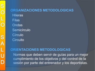 SOLOSALUDORGANIZACIONES METODOLOGICAS  Hileras  Filas  Ondas  Semicírculo  Círculo  Circuito ORIENTACIONES METODOLOGICAS  	Normas que deben servir de guías para un mejor cumplimiento de los objetivos y del control de la sesión por parte del entrenador y los deportistas. 