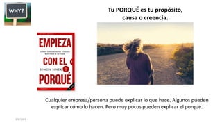 3/8/2023
Tu PORQUÉ es tu propósito,
causa o creencia.
Cualquier empresa/persona puede explicar lo que hace. Algunos pueden
explicar cómo lo hacen. Pero muy pocos pueden explicar el porqué.
 