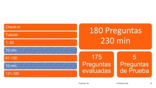 Check-in
Tutorial
1- 60
10 min
61-120
10 min
121-180
180 Preguntas
230 min
175
Preguntas
evaluadas
5
Preguntas
de Prueba
Presentation Title 18 FEBRUARY 2022 58
 