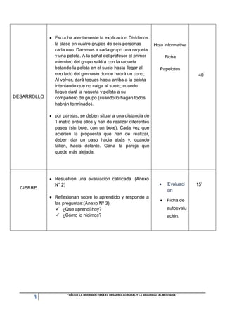 DESARROLLO

Escucha atentamente la explicacion:Dividimos
la clase en cuatro grupos de seis personas
cada uno. Daremos a cada grupo una raqueta
y una pelota. A la señal del profesor el primer
miembro del grupo saldrá con la raqueta
botando la pelota en el suelo hasta llegar al
otro lado del gimnasio donde habrá un cono;
Al volver, dará toques hacia arriba a la pelota
intentando que no caiga al suelo; cuando
llegue dará la raqueta y pelota a su
compañero de grupo (cuando lo hagan todos
habrán terminado).

Hoja informativa
Ficha
Papelotes
40’

por parejas, se deben situar a una distancia de
1 metro entre ellos y han de realizar diferentes
pases (sin bote, con un bote). Cada vez que
acierten la propuesta que han de realizar,
deben dar un paso hacia atrás y, cuando
fallen, hacia delante. Gana la pareja que
quede más alejada.

CIERRE

Resuelven una evaluacion calificada .(Anexo
N° 2)
Reflexionan sobre lo aprendido y responde a
las preguntas:(Anexo Nº 3)
 ¿Que aprendí hoy?
 ¿Cómo lo hicimos?

3

Evaluaci
ón
Ficha de
autoevalu
ación.

“AÑO DE LA INVERSIÓN PARA EL DESARROLLO RURAL Y LA SEGURIDAD ALIMENTARIA”

15’

 