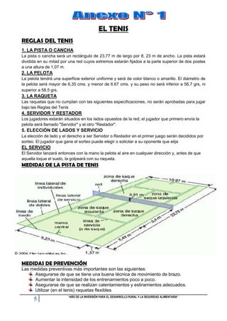 EL TENIS
REGLAS DEL TENIS
1. LA PISTA O CANCHA
La pista o cancha será un rectángulo de 23,77 m de largo por 8, 23 m de ancho. La pista estará
dividida en su mitad por una red cuyos extremos estarán fijados a la parte superior de dos postes
a una altura de 1,07 m.

2. LA PELOTA
La pelota tendrá una superficie exterior uniforme y será de color blanco o amarillo. El diámetro de
la pelota será mayor de 6,35 cms. y menor de 6.67 cms. y su peso no será inferior a 56,7 grs, ni
superior a 58,5 grs.

3. LA RAQUETA
Las raquetas que no cumplan con las siguientes especificaciones, no serán aprobadas para jugar
bajo las Reglas del Tenis

4. SERVIDOR Y RESTADOR
Los jugadores estarán situados en los lados opuestos de la red; el jugador que primero envía la
pelota será llamado "Servidor" y el otro "Restador".

5. ELECCIÓN DE LADOS Y SERVICIO
La elección de lado y el derecho a ser Servidor o Restador en el primer juego serán decididos por
sorteo. El jugador que gane el sorteo puede elegir o solicitar a su oponente que elija

EL SERVICIO
El Servidor lanzará entonces con la mano la pelota al aire en cualquier dirección y, antes de que
aquella toque el suelo, la golpeará con su raqueta.

MEDIDAS DE LA PISTA DE TENIS

MEDIDAS DE PREVENCIÓN
Las medidas preventivas más importantes son las siguientes:
Asegurarse de que se tiene una buena técnica de movimiento de brazo.
Aumentar la intensidad de los entrenamientos poco a poco.
Asegurarse de que se realizan calentamientos y estiramientos adecuados.
Utilizar (en el tenis) raquetas flexibles

5

“AÑO DE LA INVERSIÓN PARA EL DESARROLLO RURAL Y LA SEGURIDAD ALIMENTARIA”

 