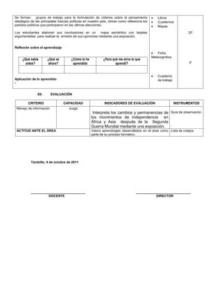 Se forman       grupos de trabajo para la formulación de criterios sobre el pensamiento      •   Libros
ideológico de las principales fuerzas políticas en nuestro país, toman como referencia los   •   Cuadernos
partidos políticos que participaron en las últimas elecciones.                               •   Mapas
Los estudiantes elaboran sus conclusiones en un         mapa semántico con tarjetas                                 25'
argumentadas para realizar la emisión de sus opiniones mediante una exposición.


Reflexión sobre el aprendizaje
                                                                                             •   Ficha
                                                                                             Metacognitiva
     ¿Qué sabía       ¿Qué se         ¿Cómo lo he           ¿Para qué me sirve lo que
       antes?          ahora?          aprendido                    aprendí?                                         5'



                                                                                             •   Cuaderno
Aplicación de lo aprendido                                                                       de trabajo
-


               XII.      EVALUACIÓN

         CRITERIO                CAPACIDAD                  INDICADORES DE EVALUACIÓN                         INSTRUMENTOS
 Manejo de información              Juzga
                                                     Interpreta los cambios y permanencias de Guía de observación.
                                                    los movimientos de independencia en
                                                    África y Asia después de la Segunda
                                                    Guerra Mundial mediante una exposición.
 ACTITUD ANTE EL ÁREA                               Valora aprendizajes desarrollados en el área como Lista de cotejos
                                                    parte de su proceso formativo.




          Tambillo, 4 de octubre de 2011




          ______________________________                                          ______________________________
                    DOCENTE                                                                  DIRECTOR
 