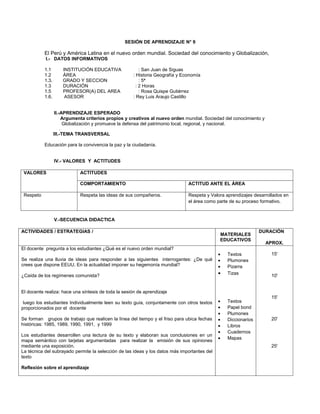 SESIÓN DE APRENDIZAJE N° 9

           El Perú y América Latina en el nuevo orden mundial. Sociedad del conocimiento y Globalización,
           I.- DATOS INFORMATIVOS

           1.1          INSTITUCIÓN EDUCATIVA            : San Juan de Siguas
           1.2          ÁREA                         : Historia Geografía y Economía
           1.3.         GRADO Y SECCION                  : 5ª
           1.3          DURACIÓN                       : 2 Horas
           1.5          PROFESOR(A) DEL AREA             : Rosa Quispe Gutiérrez
           1.6.          ASESOR                      : Rey Luis Araujo Castillo


                  II.-APRENDIZAJE ESPERADO
                      Argumenta criterios propios y creativos al nuevo orden mundial. Sociedad del conocimiento y
                       Globalización y promueve la defensa del patrimonio local, regional, y nacional.
                    .
                  III.-TEMA TRANSVERSAL

           Educación para la convivencia la paz y la ciudadanía.


                  IV.- VALORES Y ACTITUDES

 VALORES                      ACTITUDES

                              COMPORTAMIENTO                                  ACTITUD ANTE EL ÁREA

 Respeto                      Respeta las ideas de sus compañeros.            Respeta y Valora aprendizajes desarrollados en
                                                                              el área como parte de su proceso formativo.


                  V.-SECUENCIA DIDACTICA

ACTIVIDADES / ESTRATEGIAS /                                                                                     DURACIÓN
                                                                                             MATERIALES
                                                                                             EDUCATIVOS
                                                                                                                    APROX.
El docente pregunta a los estudiantes ¿Qué es el nuevo orden mundial?
                                                                                             •   Textos              15'
Se realiza una lluvia de ideas para responder a las siguientes interrogantes: ¿De qué        •   Plumones
crees que dispone EEUU. En la actualidad imponer su hegemonía mundial?                       •   Pizarra
¿Caída de los regímenes comunista?                                                           •   Tizas               10'


El docente realiza: hace una síntesis de toda la sesión de aprendizaje
                                                                                                                     15'
 luego los estudiantes Individualmente leen su texto guía, conjuntamente con otros textos    •   Textos
proporcionados por el docente                                                                •   Papel bond
                                                                                             •   Plumones
Se forman grupos de trabajo que realicen la línea del tiempo y el friso para ubica fechas    •   Diccionarios        20'
históricas: 1985, 1989, 1990, 1991, y 1999                                                   •   Libros
                                                                                             •   Cuadernos
Los estudiantes desarrollen una lectura de su texto y elaboran sus conclusiones en un
                                                                                             •   Mapas
mapa semántico con tarjetas argumentadas para realizar la emisión de sus opiniones
mediante una exposición.                                                                                             25'
La técnica del subrayado permite la selección de las ideas y los datos más importantes del
texto

Reflexión sobre el aprendizaje
 