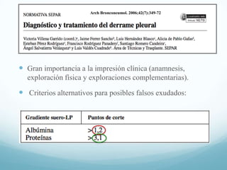 Arch Bronconeumol. 2006;42(7):349-72

 Gran importancia a la impresión clínica (anamnesis,
exploración física y exploraciones complementarias).

 Criterios alternativos para posibles falsos exudados:

 