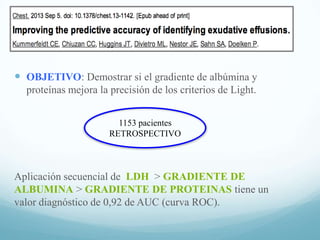  OBJETIVO: Demostrar si el gradiente de albúmina y
proteínas mejora la precisión de los criterios de Light.
1153 pacientes
RETROSPECTIVO

Aplicación secuencial de LDH > GRADIENTE DE
ALBUMINA > GRADIENTE DE PROTEINAS tiene un
valor diagnóstico de 0,92 de AUC (curva ROC).

 