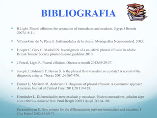 BIBLIOGRAFIA


R.Light. Pleural effusion: the separation of transudates and exudates. Egypt J Bronch
2007;1:8-11.



Villena-Garrido V, Pérez E. Enfermedades de la pleura. Monografías Neumomadrid. 2003.



Hooper C, Gary C, Maskell N. Investigation of a unilateral pleural effusion in adults:
British Toracic Society plaural disease guideline 2010.



J.Porcel, Light R. Plueral effusion. Disease-a-month 2013;59:29-57.



Joseph J, Badrinath P, Basran S. Is the pleural fluid trasudate or exudate? A revisit of the
diagnostic criteria. Thorax 2001;56:867-870.



Emmet E, McGrath M, Anderson B. Diagnosis of pleural effusion: A systematic approach.
American Journal of Critical Care. 2011;20:119-128.



Hernández L. Diferenciación entre exudado y trasudado. Nuevos marcadores ¿añaden algo
a los criterios clásicos? Rev Patol Respir 2008;11(supl 2):104-108.



Paramathoyan S. New criteria for the differantiation between transudates and exudates. J
Clin Pathol 2002;55:69-71.

 