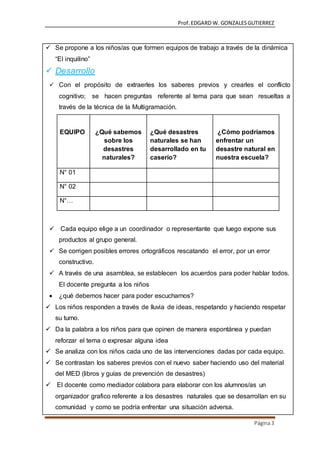 Prof.EDGARD W. GONZALESGUTIERREZ
Página3
 Se propone a los niños/as que formen equipos de trabajo a través de la dinámica
“El inquilino”
 Desarrollo
 Con el propósito de extraerles los saberes previos y crearles el conflicto
cognitivo; se hacen preguntas referente al tema para que sean resueltas a
través de la técnica de la Multigramación.
EQUIPO ¿Qué sabemos
sobre los
desastres
naturales?
¿Qué desastres
naturales se han
desarrollado en tu
caserío?
¿Cómo podríamos
enfrentar un
desastre natural en
nuestra escuela?
N° 01
N° 02
N°…
 Cada equipo elige a un coordinador o representante que luego expone sus
productos al grupo general.
 Se corrigen posibles errores ortográficos rescatando el error, por un error
constructivo.
 A través de una asamblea, se establecen los acuerdos para poder hablar todos.
El docente pregunta a los niños
 ¿qué debemos hacer para poder escucharnos?
 Los niños responden a través de lluvia de ideas, respetando y haciendo respetar
su turno.
 Da la palabra a los niños para que opinen de manera espontánea y puedan
reforzar el tema o expresar alguna idea
 Se analiza con los niños cada uno de las intervenciones dadas por cada equipo.
 Se contrastan los saberes previos con el nuevo saber haciendo uso del material
del MED (libros y guías de prevención de desastres)
 El docente como mediador colabora para elaborar con los alumnos/as un
organizador grafico referente a los desastres naturales que se desarrollan en su
comunidad y como se podría enfrentar una situación adversa.
 