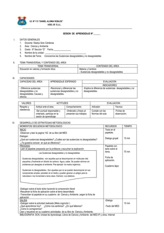 I.E. Nº 113 “DANIEL ALOMIA ROBLES”
UGEL 05 S.J.L.
_________________________________________________________________________________________________
SESION DE APRENDIZAJE Nº ______
I. DATOS GENERALES
1. Docente: Gladys Soto Cárdenas
2. Área : Ciencia y Ambiente
3. Grado : 6º Sección “D” Fecha _______________
4. Nombre de la unidad : ____________________________________
5. Nombre del Tema: Conocemos las Sustancias desagradables y no desagradables
II. TEMA TRANSVERSAL Y CONTENIDO DEL AREA
TEMA TRANSVERSAL CONTENIDO DEL AREA
Educación en valores y formación ética Materia y Cambios
- Sustancias desagradables y no desagradables
III. CAPACIDADES
CAPACIDAD DEL AREA APRENDIZAJE ESPERADO EVALUACION
INDICADORES
- Diferencia sustancias
desagradables u no
desagradables. Causas y
efectos.
-Reconocer y diferenciar las
sustancias desagradables y no
desagradables.
-Explica la diferencia de sustancias desagradables y no
desagradables.
VALORES ACTITUDES EVALUACION
Respeto y
obediencia.
Actitud ante el área Comportamiento Indicador Técnica
-Ser puntual responsable y
ordenado, participa en la
sesión de aprendizaje
-Ordenado y limpio al
presentar sus trabajos.
Cumple con las
Normas del aula
-Fichas de
observación.
IV. DESARROLLO DE ESTRATEGIAS METODOLOGICAS
MOMENTOS/ SECUENCIA METODOLOGICO RECURSOS TIEMPO
INICIO
-Observan y leen la pagina 142 de su libro del MED
Dialogan:
¿Qué son sustancias desagradables? ¿Cuáles son las sustancias no desagradables?
¿Te gustaría conocer en qué se diferencia?
Texto en el
papelote.
Dialogo grupal 10 min
PROCESO
-Leen el papelote preparado por la profesora y escuchan la explicación
-Dialogan sobre el texto leído haciendo la comprensión literal
-Resuelven la ficha de aplicación sobre el tema desarrollado
-Transcriben el papelote en su cuaderno de Ciencia y Ambiente pegan la ficha de
aplicación
Papelote con
texto sobre el
tema.
Ficha de
aplicación.
Cuaderno lápiz
70 min
SALIDA
-Dialogan sobre la actividad realizada (Meta cognición )
¿Qué aprendimos hoy? ¿Cómo nos sentimos? ¿En qué fallamos?
¿Cómo lo corregiremos?
Leen y resuelven en su cuaderno actividades de su libro de Ciencia y Ambiente.
-Dialogo
-Texto del MED
10 min
BIBLIOGRAFIA: DCN, Unidad de Aprendizaje, Libros de Ciencia y Ambiente del MED 6º y otros, Internet
Las Sustancias desagradables y no desagradables
Sustancias desagradables.- son aquellas que se descomponen en moléculas más
pequeñas y finalmente en dióxido de carbono. Agua y sales. Se pueden eliminar sin
problemas por desagües al ambiente. Poe ejemplo: los restos orgánicos.
Sustancias no desagradables.- Son aquellas que no se pueden descomponer en sus
componentes simples, persisten en el medio y pueden generar un peligro para la
naturaleza y loa humanidad a largo plazo. Ejemplo: Los plásticos.
 