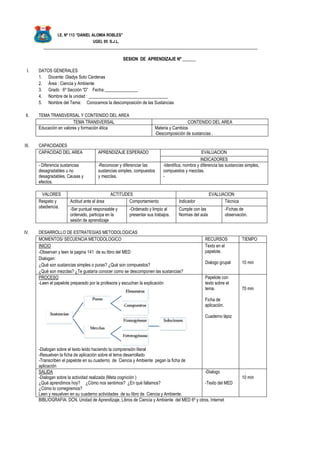 I.E. Nº 113 “DANIEL ALOMIA ROBLES”
UGEL 05 S.J.L.
_________________________________________________________________________________________________
SESION DE APRENDIZAJE Nº ______
I. DATOS GENERALES
1. Docente: Gladys Soto Cárdenas
2. Área : Ciencia y Ambiente
3. Grado : 6º Sección “D” Fecha _______________
4. Nombre de la unidad : ____________________________________
5. Nombre del Tema: Conocemos la descomposición de las Sustancias
II. TEMA TRANSVERSAL Y CONTENIDO DEL AREA
TEMA TRANSVERSAL CONTENIDO DEL AREA
Educación en valores y formación ética Materia y Cambios
-Descomposición de sustancias .
III. CAPACIDADES
CAPACIDAD DEL AREA APRENDIZAJE ESPERADO EVALUACION
INDICADORES
- Diferencia sustancias
desagradables u no
desagradables. Causas y
efectos.
-Reconocer y diferenciar las
sustancias simples, compuestos
y mezclas.
-Identifica, nombra y diferencia las sustancias simples,
compuestos y mezclas.
-
VALORES ACTITUDES EVALUACION
Respeto y
obediencia.
Actitud ante el área Comportamiento Indicador Técnica
-Ser puntual responsable y
ordenado, participa en la
sesión de aprendizaje
-Ordenado y limpio al
presentar sus trabajos.
Cumple con las
Normas del aula
-Fichas de
observación.
IV. DESARROLLO DE ESTRATEGIAS METODOLOGICAS
MOMENTOS/ SECUENCIA METODOLOGICO RECURSOS TIEMPO
INICIO
-Observan y leen la pagina 141 de su libro del MED
Dialogan:
¿Qué son sustancias simples o puras? ¿Qué son compuestos?
¿Qué son mezclas? ¿Te gustaría conocer como se descomponen las sustancias?
Texto en el
papelote.
Dialogo grupal 10 min
PROCESO
-Leen el papelote preparado por la profesora y escuchan la explicación
-Dialogan sobre el texto leído haciendo la comprensión literal
-Resuelven la ficha de aplicación sobre el tema desarrollado
-Transcriben el papelote en su cuaderno de Ciencia y Ambiente pegan la ficha de
aplicación
Papelote con
texto sobre el
tema.
Ficha de
aplicación.
Cuaderno lápiz
70 min
SALIDA
-Dialogan sobre la actividad realizada (Meta cognición )
¿Qué aprendimos hoy? ¿Cómo nos sentimos? ¿En qué fallamos?
¿Cómo lo corregiremos?
Leen y resuelven en su cuaderno actividades de su libro de Ciencia y Ambiente.
-Dialogo
-Texto del MED
10 min
BIBLIOGRAFIA: DCN, Unidad de Aprendizaje, Libros de Ciencia y Ambiente del MED 6º y otros, Internet
 