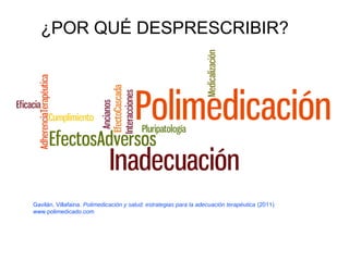 ¿POR QUÉ DESPRESCRIBIR?
Gavilán, Villafaina. Polimedicación y salud: estrategias para la adecuación terapéutica (2011)
www.polimedicado.com
 