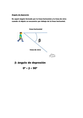 Ángulo de depresión
Es aquel ángulo formado por la línea horizontal y la línea de mira
cuando el objeto se encuentra por debajo de la línea horizontal.
línea horizontal
β
línea de mira
β: ángulo de depresión
0º < β < 90º
 
