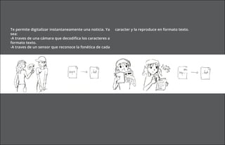 Te permite digitalizar instantaneamente una noticia. Ya   caracter y la reproduce en formato texto.
sea:
-A traves de una cámara que decodifica los caracteres a
formato texto.
-A traves de un sensor que reconoce la fonética de cada




                                                                                                JPG
 