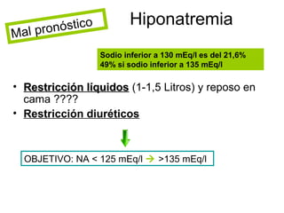 óstico          Hiponatremia
Ma   l pron
                     Sodio inferior a 130 mEq/l es del 21,6%
                     49% si sodio inferior a 135 mEq/l

• Restricción líquidos (1-1,5 Litros) y reposo en
  cama ????
• Restricción diuréticos



  OBJETIVO: NA < 125 mEq/l  >135 mEq/l
 