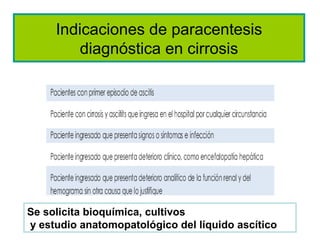 Indicaciones de paracentesis
         diagnóstica en cirrosis




Se solicita bioquímica, cultivos
y estudio anatomopatológico del líquido ascítico
 