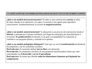 ¿Qué es un modelo heteroestructurante? El saber es una construcción externa al salón
de clase, basado en la repetición y la copia. La escuela es un espacio para reproducir
conocimiento. Fundamentalmente la escuela es magistrocentrista.
¿Qué es un modelo autoestructurante? la educación es un proceso de construcción desde el
interior y jalonada por el propio estudiante, privilegia las estrategias por descubrimiento e
invención. Es paidocentrista (el docente es un guía o acompañante) la evaluación es
cualitativa con pregunta abierta y centrada en la opinión.
¿Qué es un modelo pedagógico dialogante? tiene que ver con la transformación profunda de
los propósitos y de los contenidos escolares.
Derivada uno: Es necesario definir nuevos fines a la educación.
Derivada dos: los propósitos escolares de una propuesta transformadora tienen que estar
concentrados en el desarrollo y no en el aprendizaje
Derivada tres: Se tienen que abordar todas las dimensiones humanas privilegiando las
competencias.
CLASIFICACIÓN DE LOS MODELOS PEDAGÓGICOS SEGÚN JULIÁN DE ZUBIRÍA SAMPER
 