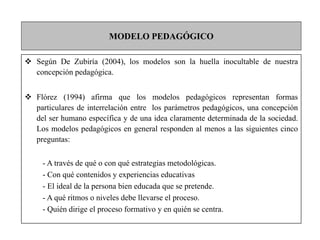 MODELO PEDAGÓGICO
 Según De Zubiría (2004), los modelos son la huella inocultable de nuestra
concepción pedagógica.
 Flórez (1994) afirma que los modelos pedagógicos representan formas
particulares de interrelación entre los parámetros pedagógicos, una concepción
del ser humano específica y de una idea claramente determinada de la sociedad.
Los modelos pedagógicos en general responden al menos a las siguientes cinco
preguntas:
- A través de qué o con qué estrategias metodológicas.
- Con qué contenidos y experiencias educativas
- El ideal de la persona bien educada que se pretende.
- A qué ritmos o niveles debe llevarse el proceso.
- Quién dirige el proceso formativo y en quién se centra.
 