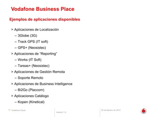 Vodafone Business Place
 Ejemplos de aplicaciones disponibles

  > Aplicaciones de Localización
      – 3Globe (3G)
      – Track GPS (IT soft)
      – GPS+ (Neosistec)
  > Aplicaciones de “Reporting”
      – Works (IT Soft)
      – Tareas+ (Neosistec)
  > Aplicaciones de Gestión Remota
      – Soporte Remoto
  > Aplicaciones de Business Intelligence
      – Bi2Go (Placcom)
  > Aplicaciones Catálogo
      – Kopen (Kinetical)

17 Vodafone Cloud                           20 de febrero de 2012
                              Versión 1.0
 