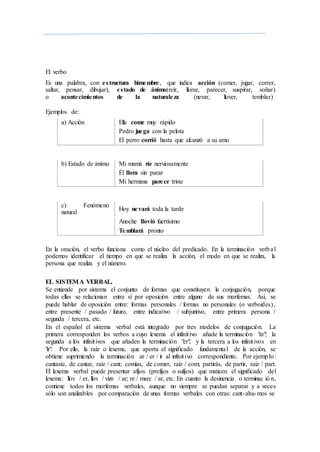 El verbo
Es una palabra, con estructura bimembre, que indica acción (comer, jugar, correr,
saltar, pensar, dibujar), estado de ánimo(reír, llorar, parecer, suspirar, soñar)
o acontecimientos de la naturaleza (nevar, llover, temblar)
Ejemplos de:
a) Acción Ella come muy rápido
Pedro juega con la pelota
El perro corrió hasta que alcanzó a su amo
b) Estado de ánimo Mi mamá ríe nerviosamente
Él llora sin parar
Mi hermana parece triste
c) Fenómeno
natural
Hoy nevará toda la tarde
Anoche llovió fuertísimo
Temblará pronto
En la oración, el verbo funciona como el núcleo del predicado. En la terminación verbal
podemos identificar el tiempo en que se realiza la acción, el modo en que se realiza, la
persona que realiza y el número.
EL SISTEMA VERBAL.
Se entiende por sistema el conjunto de formas que constituyen la conjugación, porque
todas ellas se relacionan entre sí por oposición entre alguno de sus morfemas. Así, se
puede hablar de oposición entre: formas personales / formas no personales (o verboides),
entre presente / pasado / futuro, entre indicativo / subjuntivo, entre primera persona /
segunda / tercera, etc.
En el español el sistema verbal está integrado por tres modelos de conjugación. La
primera corresponden los verbos a cuyo lexema el infinitivo añade la terminación "ar"; la
segunda a los infinitivos que añaden la terminación "er"; y la tercera a los infinitivos en
"ir". Por ello, la raíz o lexema, que aporta el significado fundamental de la acción, se
obtiene suprimiendo la terminación ar / er / ir al infinitivo correspondiente. Por ejemplo:
cantaste, de cantar, raíz / cant; comías, de comer, raíz / com; partirás, de partir, raíz / part.
El lexema verbal puede presentar afijos (prefijos o sufijos) que maticen el significado del
lexema: llov / er, llov / vizn / ar; re / marc / ar, etc. En cuanto la desinencia o terminac ió n,
contiene todos los morfemas verbales, aunque no siempre se puedan separar y a veces
sólo son analizables por comparación de unas formas verbales con otras: cant-aba-mos se
 