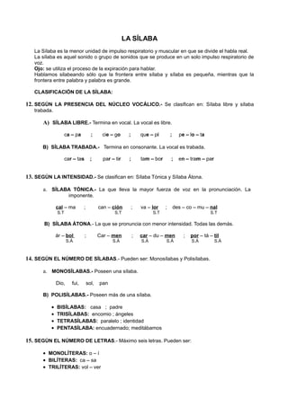 LA SÍLABA
La Sílaba es la menor unidad de impulso respiratorio y muscular en que se divide el habla real.
La sílaba es aquel sonido o grupo de sonidos que se produce en un solo impulso respiratorio de
voz.
Ojo: se utiliza el proceso de la expiración para hablar.
Hablamos silabeando sólo que la frontera entre sílaba y sílaba es pequeña, mientras que la
frontera entre palabra y palabra es grande.
CLASIFICACIÓN DE LA SÍLABA:
12. SEGÚN LA PRESENCIA DEL NÚCLEO VOCÁLICO.- Se clasifican en: Sílaba libre y sílaba
trabada.
A) SÍLABA LIBRE.- Termina en vocal. La vocal es libre.
ca – pa ; cie – go ; que – pí ; pe – lo – ta
B) SÍLABA TRABADA.- Termina en consonante. La vocal es trabada.
car – tas ; par – tir ; tam – bor ; en – tram – par
13. SEGÚN LA INTENSIDAD.- Se clasifican en: Sílaba Tónica y Sílaba Átona.
a. SÍLABA TÓNICA.- La que lleva la mayor fuerza de voz en la pronunciación. La
imponente.
cal – ma ; can – ción ; va – lor ; des – co – mu – nal
S.T S.T S.T S.T
B) SÍLABA ÁTONA.- La que se pronuncia con menor intensidad. Todas las demás.
ár – bol ; Car – men ; car – du – men ; por – tá – til
S.Á S.Á S.Á S.Á S.Á S.Á
14. SEGÚN EL NÚMERO DE SÍLABAS.- Pueden ser: Monosílabas y Polisílabas.
a. MONOSÍLABAS.- Poseen una sílaba.
Dio, fui, sol, pan
B) POLISÍLABAS.- Poseen más de una sílaba.
• BISÍLABAS: casa ; padre
• TRISÍLABAS: encomio ; ángeles
• TETRASÍLABAS: paralelo ; identidad
• PENTASÍLABA: encuadernado; meditábamos
15. SEGÚN EL NÚMERO DE LETRAS.- Máximo seis letras. Pueden ser:
• MONOLÍTERAS: o – í
• BILÍTERAS: ca – sa
• TRILÍTERAS: vol – ver
 