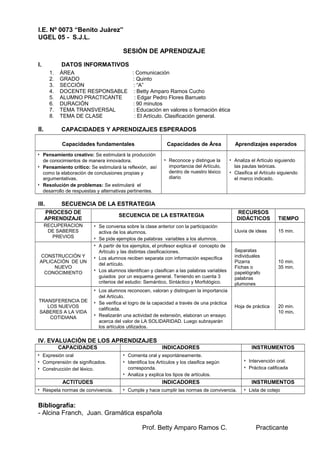 I.E. Nº 0073 “Benito Juárez”
UGEL 05 - S.J.L.
SESIÓN DE APRENDIZAJE
I. DATOS INFORMATIVOS
1. ÁREA : Comunicación
2. GRADO : Quinto
3. SECCIÓN : “A”
4. DOCENTE RESPONSABLE : Betty Amparo Ramos Cucho
5. ALUMNO PRACTICANTE : Edgar Pedro Flores Barrueto
6. DURACIÓN : 90 minutos
7. TEMA TRANSVERSAL : Educación en valores o formación ética
8. TEMA DE CLASE : El Artículo. Clasificación general.
II. CAPACIDADES Y APRENDIZAJES ESPERADOS
Capacidades fundamentales Capacidades de Área Aprendizajes esperados
•• Pensamiento creativo: Se estimulará la producción
de conocimientos de manera innovadora.
•• Pensamiento crítico: Se estimulará la reflexión, así
como la elaboración de conclusiones propias y
argumentativas.
•• Resolución de problemas: Se estimulará el
desarrollo de respuestas y alternativas pertinentes.
•• Reconoce y distingue la
importancia del Artículo,
dentro de nuestro léxico
diario
•• Analiza el Artículo siguiendo
las pautas teóricas.
•• Clasifica el Artículo siguiendo
el marco indicado.
III. SECUENCIA DE LA ESTRATEGIA
PROCESO DE
APRENDIZAJE
SECUENCIA DE LA ESTRATEGIA
RECURSOS
DIDÁCTICOS TIEMPO
RECUPERACION
DE SABERES
PREVIOS
•• Se conversa sobre la clase anterior con la participación
activa de los alumnos.
•• Se pide ejemplos de palabras variables a los alumnos.
Lluvia de ideas 15 min.
CONSTRUCCIÓN Y
APLICACIÓN DE UN
NUEVO
CONOCIMIENTO
•• A partir de los ejemplos, el profesor explica el concepto de
Artículo y las distintas clasificaciones.
•• Los alumnos reciben separata con información específica
del artículo.
•• Los alumnos identifican y clasifican a las palabras variables
guiados por un esquema general. Teniendo en cuenta 3
criterios del estudio: Semántico, Sintáctico y Morfológico.
Separatas
individuales
Pizarra
Fichas o
papelógrafo
palabras
plumones
10 min.
35 min.
TRANSFERENCIA DE
LOS NUEVOS
SABERES A LA VIDA
COTIDIANA
•• Los alumnos reconocen, valoran y distinguen la importancia
del Artículo.
•• Se verifica el logro de la capacidad a través de una práctica
calificada.
•• Realizarán una actividad de extensión, elaboran un ensayo
acerca del valor de LA SOLIDARIDAD. Luego subrayarán
los artículos utilizados.
Hoja de práctica 20 min.
10 min.
IV. EVALUACIÓN DE LOS APRENDIZAJES
CAPACIDADES INDICADORES INSTRUMENTOS
•• Expresión oral
•• Comprensión de significados.
•• Construcción del léxico.
•• Comenta oral y espontáneamente.
•• Identifica los Artículos y los clasifica según
corresponda.
•• Analiza y explica los tipos de artículos.
•• Intervención oral.
•• Práctica calificada
ACTITUDES INDICADORES INSTRUMENTOS
•• Respeta normas de convivencia. •• Cumple y hace cumplir las normas de convivencia. •• Lista de cotejo
Bibliografía:
- Alcina Franch, Juan. Gramática española
Prof. Betty Amparo Ramos C. Practicante
 