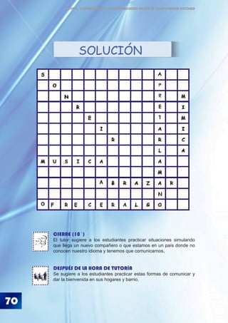 70
ÉTICA, DEMOCRACIA Y GOBERNABILIDAD DESDE LA CONVIVENCIA ESCOLAR
SOLUCIÓN
BLA
BLA
BLA
CIERRE (10´)
El tutor sugiere a los estudiantes practicar situaciones simulando
que llega un nuevo compañero o que estamos en un país donde no
conocen nuestro idioma y tenemos que comunicarnos.
DESPUÉS DE LA HORA DE TUTORÍA
Se sugiere a los estudiantes practicar estas formas de comunicar y
dar la bienvenida en sus hogares y barrio.
 