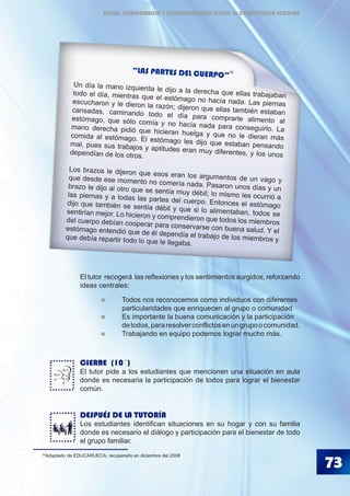 73
39
Adaptado de EDUCARUECA, recuperado en diciembre del 2008
“LAS PARTES DEL CUERPO”
Un día la mano izquierda le dijo a la derecha que ellas trabajabantodo el día, mientras que el estómago no hacía nada. Las piernasescucharon y le dieron la razón; dijeron que ellas también estabancansadas, caminando todo el día para comprarle alimento alestómago, que sólo comía y no hacía nada para conseguirlo. Lamano derecha pidió que hicieran huelga y que no le dieran máscomida al estómago. El estómago les dijo que estaban pensandomal, pues sus trabajos y aptitudes eran muy diferentes, y los unosdependían de los otros.
Los brazos le dijeron que esos eran los argumentos de un vago yque desde ese momento no comería nada. Pasaron unos días y unbrazo le dijo al otro que se sentía muy débil; lo mismo les ocurrió alas piernas y a todas las partes del cuerpo. Entonces el estómagodijo que también se sentía débil y que si lo alimentaban, todos sesentirían mejor. Lo hicieron y comprendieron que todos los miembrosdel cuerpo debían cooperar para conservarse con buena salud. Y elestómago entendió que de él dependía el trabajo de los miembros yque debía repartir todo lo que le llegaba.
39
El tutor recogerá las reflexiones y los sentimientos surgidos, reforzando
ideas centrales:
CIERRE (10´)
El tutor pide a los estudiantes que mencionen una situación en aula
donde es necesaria la participación de todos para lograr el bienestar
común.
DESPUÉS DE LA TUTORÍA
Los estudiantes identifican situaciones en su hogar y con su familia
donde es necesario el diálogo y participación para el bienestar de todo
el grupo familiar.
BLA
BLA
BLA
	 Todos nos reconocemos como individuos con diferentes 	
	 particularidades que enriquecen al grupo o comunidad.
	 Es importante la buena comunicación y la participación 	
	 detodos,pararesolverconflictosenungrupoocomunidad.
	 Trabajando en equipo podemos lograr mucho más.
ÉTICA, DEMOCRACIA Y GOBERNABILIDAD DESDE LA CONVIVENCIA ESCOLAR
 