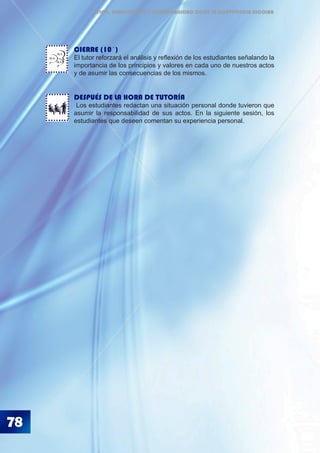 ÉTICA, DEMOCRACIA Y GOBERNABILIDAD DESDE LA CONVIVENCIA ESCOLAR
78
CIERRE (10´)
El tutor reforzará el análisis y reflexión de los estudiantes señalando la
importancia de los principios y valores en cada uno de nuestros actos
y de asumir las consecuencias de los mismos.
DESPUÉS DE LA HORA DE TUTORÍA
Los estudiantes redactan una situación personal donde tuvieron que
asumir la responsabilidad de sus actos. En la siguiente sesión, los
estudiantes que deseen comentan su experiencia personal.
BLA
BLA
BLA
 