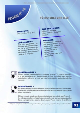 93
TÚ NO ERES UNA ISLA
PRESENTACIÓN (10´)
El tutor invita a los estudiantes a observar el cartel “Tú no eres una isla”,
y lo lee pausadamente. Luego reparte la hoja de trabajo para que los
estudiantes subrayen la frase que más les impactó y anoten también las
razones.
DESARROLLO (20´)
En sesión plenaria cada participante comenta la frase elegida y sus razones.
Los demás estudiantes pueden intervenir haciendo preguntas o aportando
algún comentario.
El tutor reparte a cada uno de los estudiantes la figura de la isla (Anexo 1) y
les pide que escriban en la parte superior de la hoja, las razones que pueden
llevar a una persona a aislarse de un grupo. Puede tratarse de problemas
42
Adaptado de http://gerza.com/dinámicas/categorías/todas/todas_dina/tu_no_eres_una_isla.html. Recuperado diciembre 2008.
42
MATERIALES:
Papelografo o cartulina
con el pensamiento “Tú no
eres una isla” (Anexo).
Una copia a cada
participante con el
pensamiento.
Papel y lápiz para cada
participante.
GRADO/NIVEL:
VII Ciclo (3ro. 4to. y 5to.).
ÁREA DE LA TUTORÍA:
Ciencias Sociales.
Convivencia y Disciplina
Escolar.
¿QUÉ BUSCAMOS?
Que los estudiantes re-
flexionen sobre la importan-
cia de la convivencia con
los demás e identifiquen los
sentimientos que provoca el
aislarse de un grupo.
SESIÓN N
°10
ÉTICA, DEMOCRACIA Y GOBERNABILIDAD DESDE LA CONVIVENCIA ESCOLAR
 