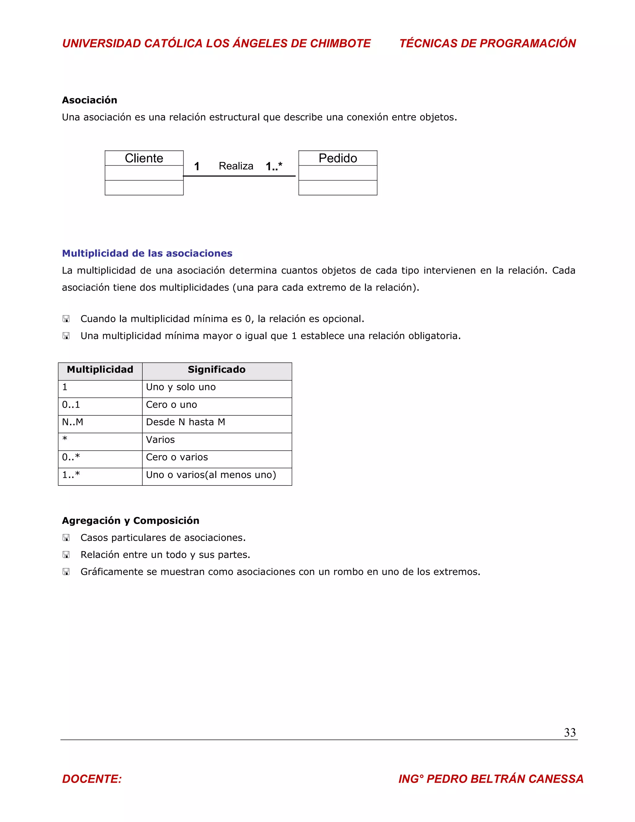 UNIVERSIDAD CATÓLICA LOS ÁNGELES DE CHIMBOTE                             TÉCNICAS DE PROGRAMACIÓN



Asociación
Una asociación es una relación estructural que describe una conexión entre objetos.



                Cliente                                   Pedido
                               1      Realiza   1..*




Multiplicidad de las asociaciones
La multiplicidad de una asociación determina cuantos objetos de cada tipo intervienen en la relación. Cada
asociación tiene dos multiplicidades (una para cada extremo de la relación).


      Cuando la multiplicidad mínima es 0, la relación es opcional.
      Una multiplicidad mínima mayor o igual que 1 establece una relación obligatoria.


 Multiplicidad                Significado
1                    Uno y solo uno
0..1                 Cero o uno
N..M                 Desde N hasta M
*                    Varios
0..*                 Cero o varios
1..*                 Uno o varios(al menos uno)



Agregación y Composición
      Casos particulares de asociaciones.
      Relación entre un todo y sus partes.
      Gráficamente se muestran como asociaciones con un rombo en uno de los extremos.




                                                                                                       33


DOCENTE:                                                                 ING° PEDRO BELTRÁN CANESSA
 