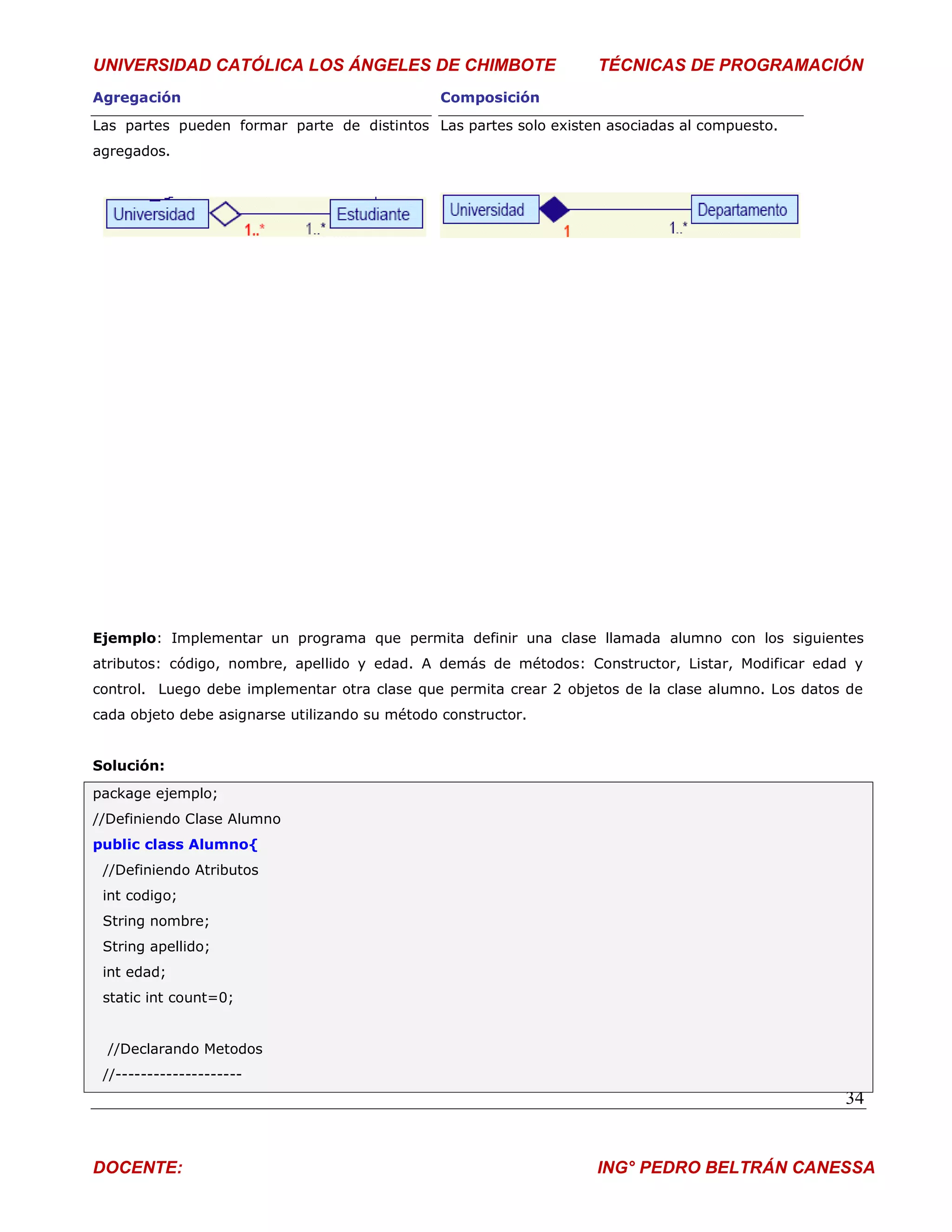 UNIVERSIDAD CATÓLICA LOS ÁNGELES DE CHIMBOTE                       TÉCNICAS DE PROGRAMACIÓN
Agregación                                      Composición

Las partes pueden formar parte de distintos Las partes solo existen asociadas al compuesto.
agregados.




Ejemplo: Implementar un programa que permita definir una clase llamada alumno con los siguientes
atributos: código, nombre, apellido y edad. A demás de métodos: Constructor, Listar, Modificar edad y
control. Luego debe implementar otra clase que permita crear 2 objetos de la clase alumno. Los datos de
cada objeto debe asignarse utilizando su método constructor.


Solución:
package ejemplo;
//Definiendo Clase Alumno
public class Alumno{
 //Definiendo Atributos
 int codigo;
 String nombre;
 String apellido;
 int edad;
 static int count=0;


  //Declarando Metodos
 //--------------------
                                                                                                    34


DOCENTE:                                                           ING° PEDRO BELTRÁN CANESSA
 