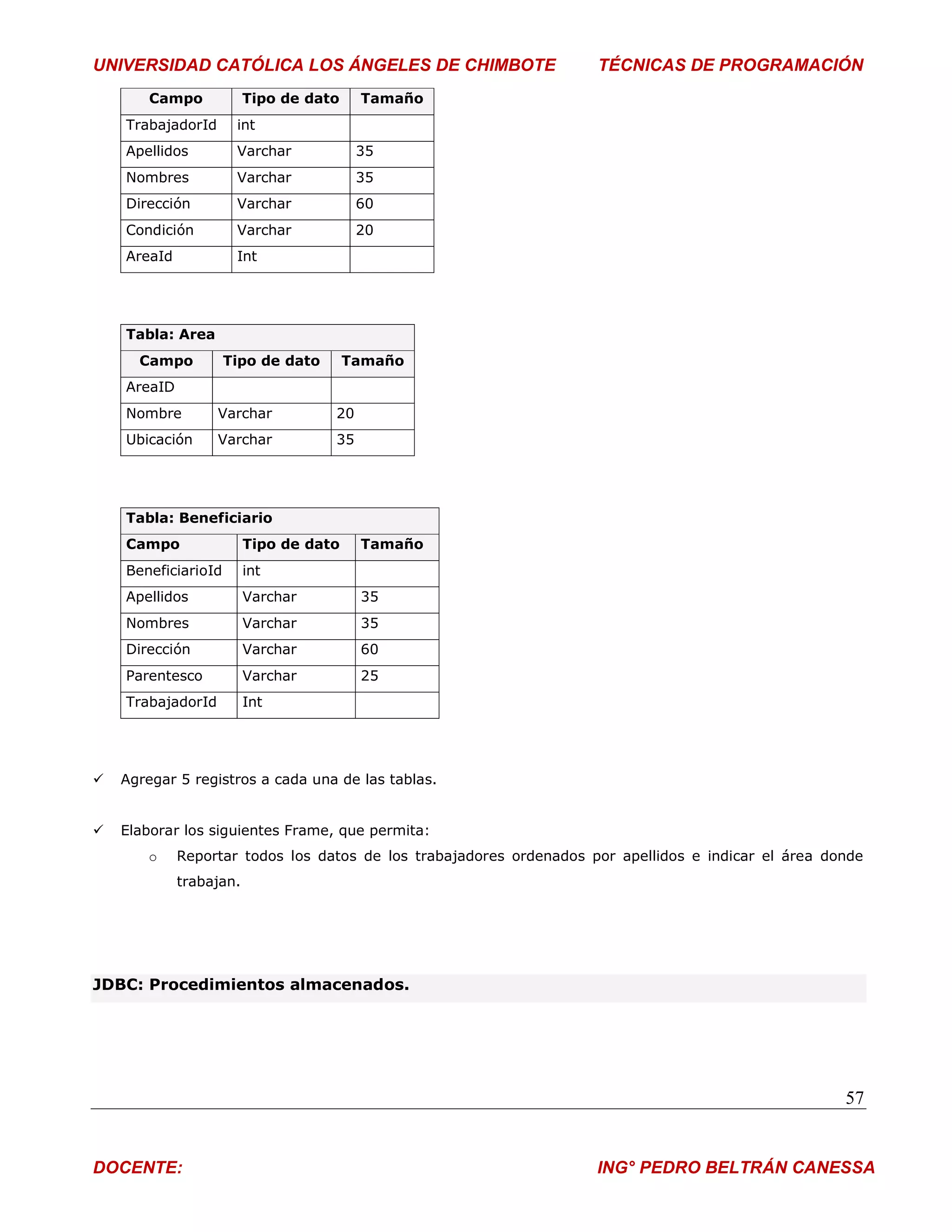 UNIVERSIDAD CATÓLICA LOS ÁNGELES DE CHIMBOTE                         TÉCNICAS DE PROGRAMACIÓN
        Campo            Tipo de dato    Tamaño
    TrabajadorId      int
    Apellidos         Varchar            35
    Nombres           Varchar            35
    Dirección         Varchar            60
    Condición         Varchar            20
    AreaId            Int




    Tabla: Area
      Campo          Tipo de dato       Tamaño
    AreaID
    Nombre         Varchar          20
    Ubicación      Varchar          35




    Tabla: Beneficiario
    Campo                Tipo de dato    Tamaño
    BeneficiarioId       int
    Apellidos            Varchar         35
    Nombres              Varchar         35
    Dirección            Varchar         60
    Parentesco           Varchar         25
    TrabajadorId         Int




   Agregar 5 registros a cada una de las tablas.


   Elaborar los siguientes Frame, que permita:
       o     Reportar todos los datos de los trabajadores ordenados por apellidos e indicar el área donde
             trabajan.




JDBC: Procedimientos almacenados.




                                                                                                      57


DOCENTE:                                                             ING° PEDRO BELTRÁN CANESSA
 