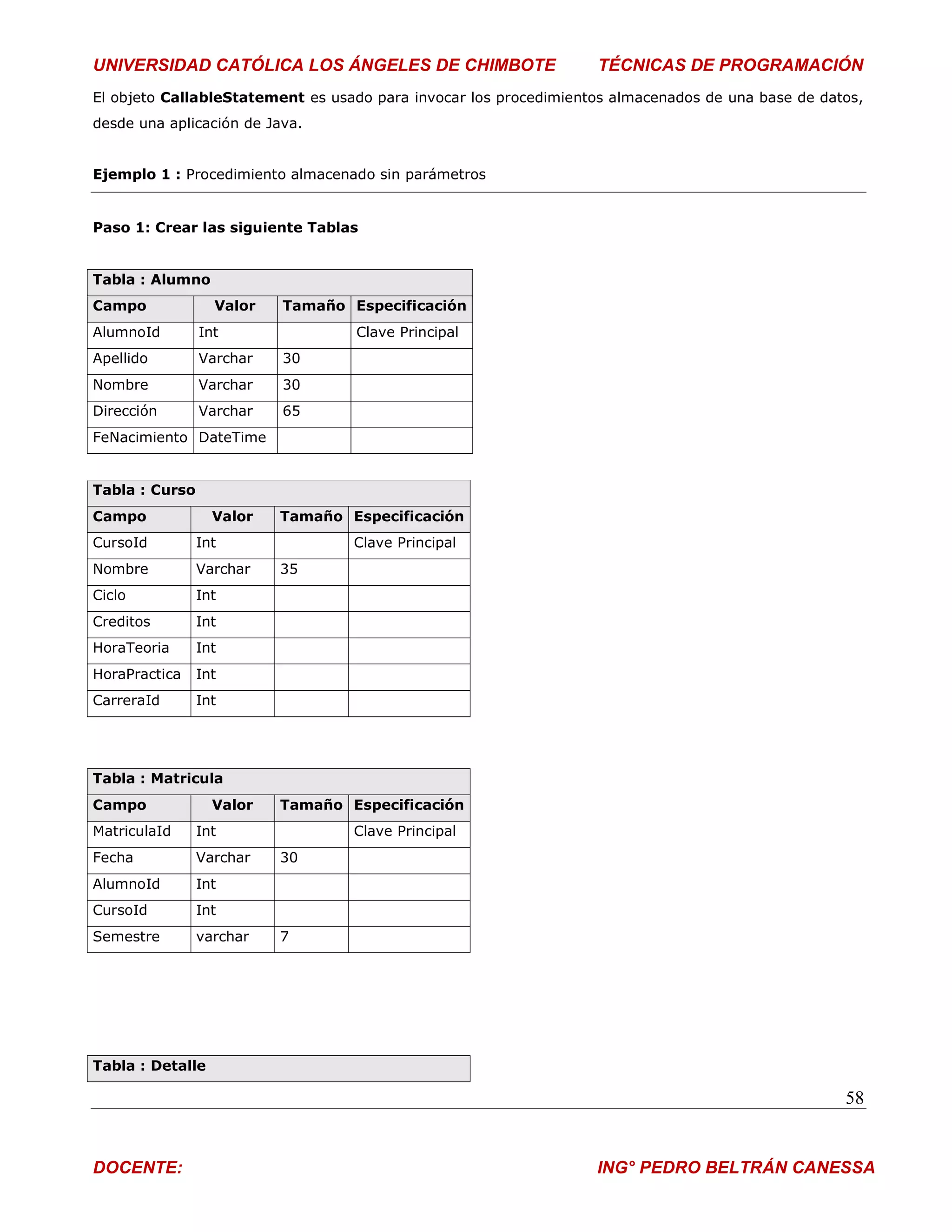 UNIVERSIDAD CATÓLICA LOS ÁNGELES DE CHIMBOTE                      TÉCNICAS DE PROGRAMACIÓN
El objeto CallableStatement es usado para invocar los procedimientos almacenados de una base de datos,
desde una aplicación de Java.


Ejemplo 1 : Procedimiento almacenado sin parámetros


Paso 1: Crear las siguiente Tablas


Tabla : Alumno
Campo             Valor   Tamaño Especificación
AlumnoId        Int               Clave Principal
Apellido        Varchar   30
Nombre          Varchar   30
Dirección       Varchar   65
FeNacimiento DateTime


Tabla : Curso
Campo             Valor   Tamaño Especificación
CursoId         Int               Clave Principal
Nombre          Varchar   35
Ciclo           Int
Creditos        Int
HoraTeoria      Int
HoraPractica    Int
CarreraId       Int




Tabla : Matricula
Campo             Valor   Tamaño Especificación
MatriculaId     Int               Clave Principal
Fecha           Varchar   30
AlumnoId        Int
CursoId         Int
Semestre        varchar   7




Tabla : Detalle

                                                                                                   58


DOCENTE:                                                          ING° PEDRO BELTRÁN CANESSA
 