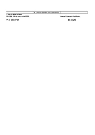 • Formula ejemplos para cada estado
5. OBSERVACIONES
FECHA: 24 de marzo de 2010 Helena Emanuel Rodríguez
Vº Bª DIRECTOR DOCENTE
 