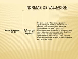 Normas de valuación
NIF C-8
No forman parte
del costo de
adquisición
No forman parte del costo de adquisición:
a)Los costos para introducir al mercado nuevo
producto o servicio (incluyendo costos por
actividades de mercadeo y promoción).
b)Los costos sobre conducción de negocios en una
nueva localidad o con una nueva clase de clientes
(incluyendo costos de entrenamiento)
c)Los costos de administración y otros costos de
supervisión generales, excepto los mencionados en
el inciso a del punto 2.
 