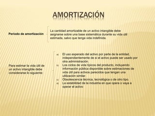 Periodo de amortización
La cantidad amortizable de un activo intangible debe
asignarse sobre una base sistemática durante su vida útil
estimada, salvo que tenga vida indefinida.
Para estimar la vida útil de
un activo intangible debe
considerarse lo siguiente:
a) El uso esperado del activo por parte de la entidad,
independientemente de si el activo puede ser usado por
otra administración.
b) Los ciclos de vida típicos del producto, incluyendo
información pública disponible sobre estimaciones de
vida útil para activos parecidos que tengan una
utilización similar.
c) Obsolescencia técnica, tecnológica o de otro tipo.
d) La estabilidad de la industria en que opera o vaya a
operar el activo
 
