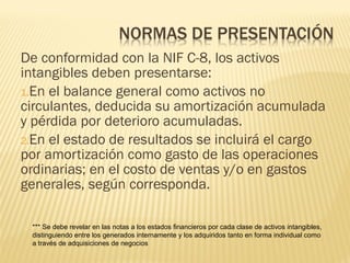 De conformidad con la NIF C-8, los activos
intangibles deben presentarse:
1.En el balance general como activos no
circulantes, deducida su amortización acumulada
y pérdida por deterioro acumuladas.
2.En el estado de resultados se incluirá el cargo
por amortización como gasto de las operaciones
ordinarias; en el costo de ventas y/o en gastos
generales, según corresponda.
*** Se debe revelar en las notas a los estados financieros por cada clase de activos intangibles,
distinguiendo entre los generados internamente y los adquiridos tanto en forma individual como
a través de adquisiciones de negocios
 